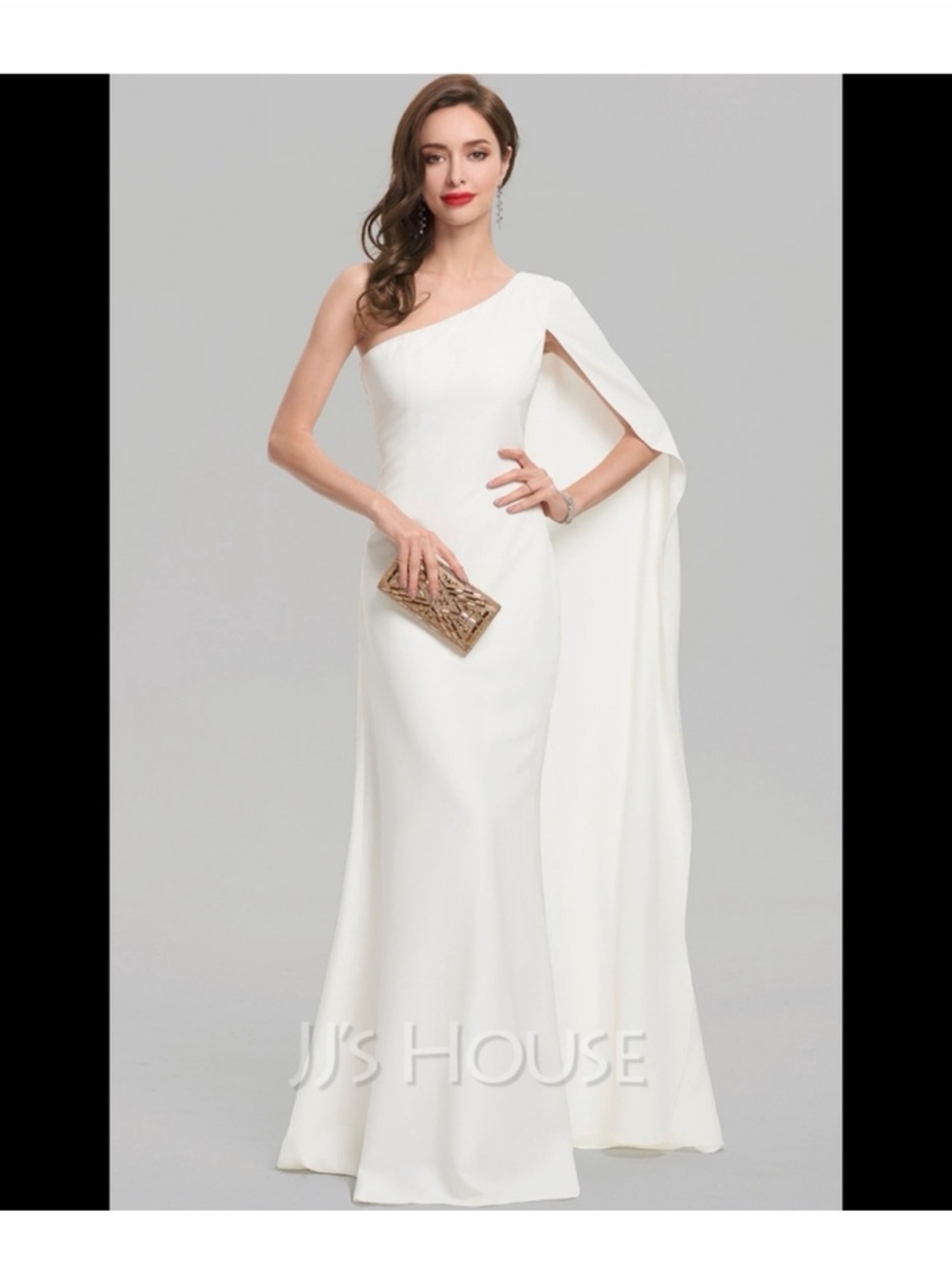 JJs House One-Shoulder White Evening Gown with Draped Cape